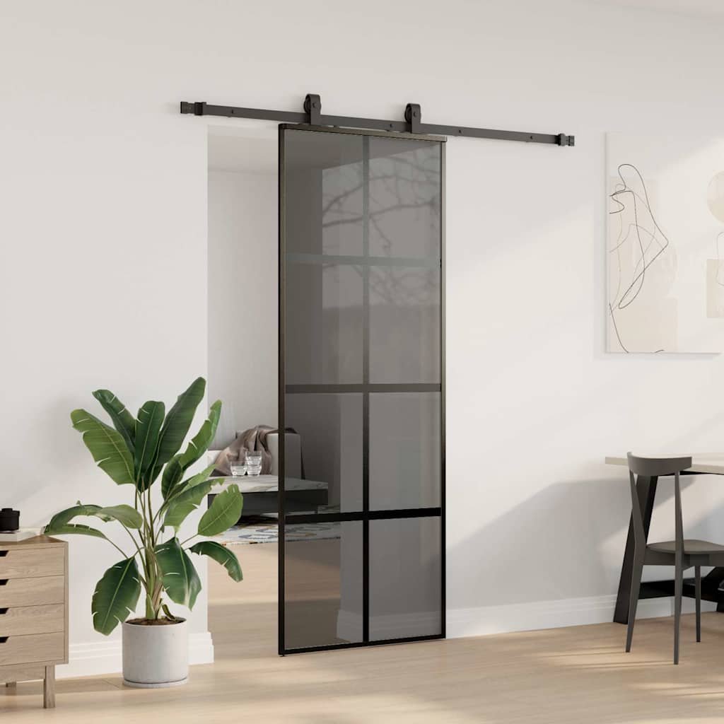 vidaXL Drzwi przesuwne z zestawem okuć czarne 76x205cm szkło hartowane