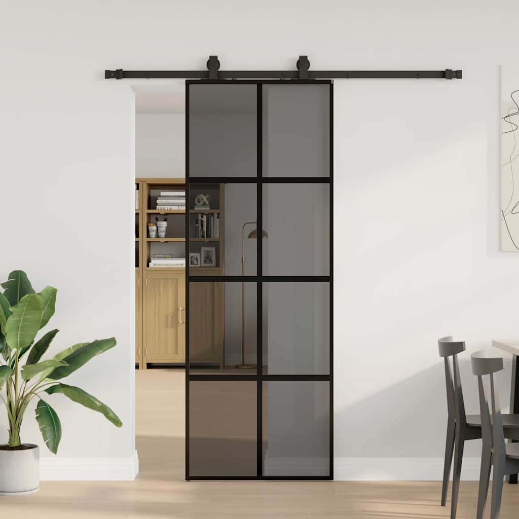 vidaXL Drzwi przesuwne z zestawem okuć czarne 76x205cm szkło hartowane