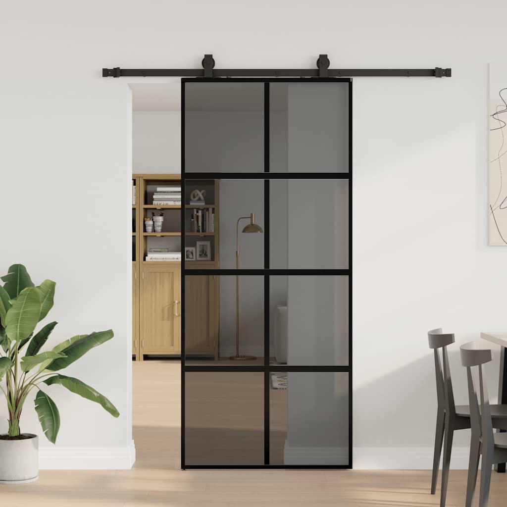 vidaXL Drzwi przesuwne z zestawem okuć czarne 90x205cm szkło hartowane