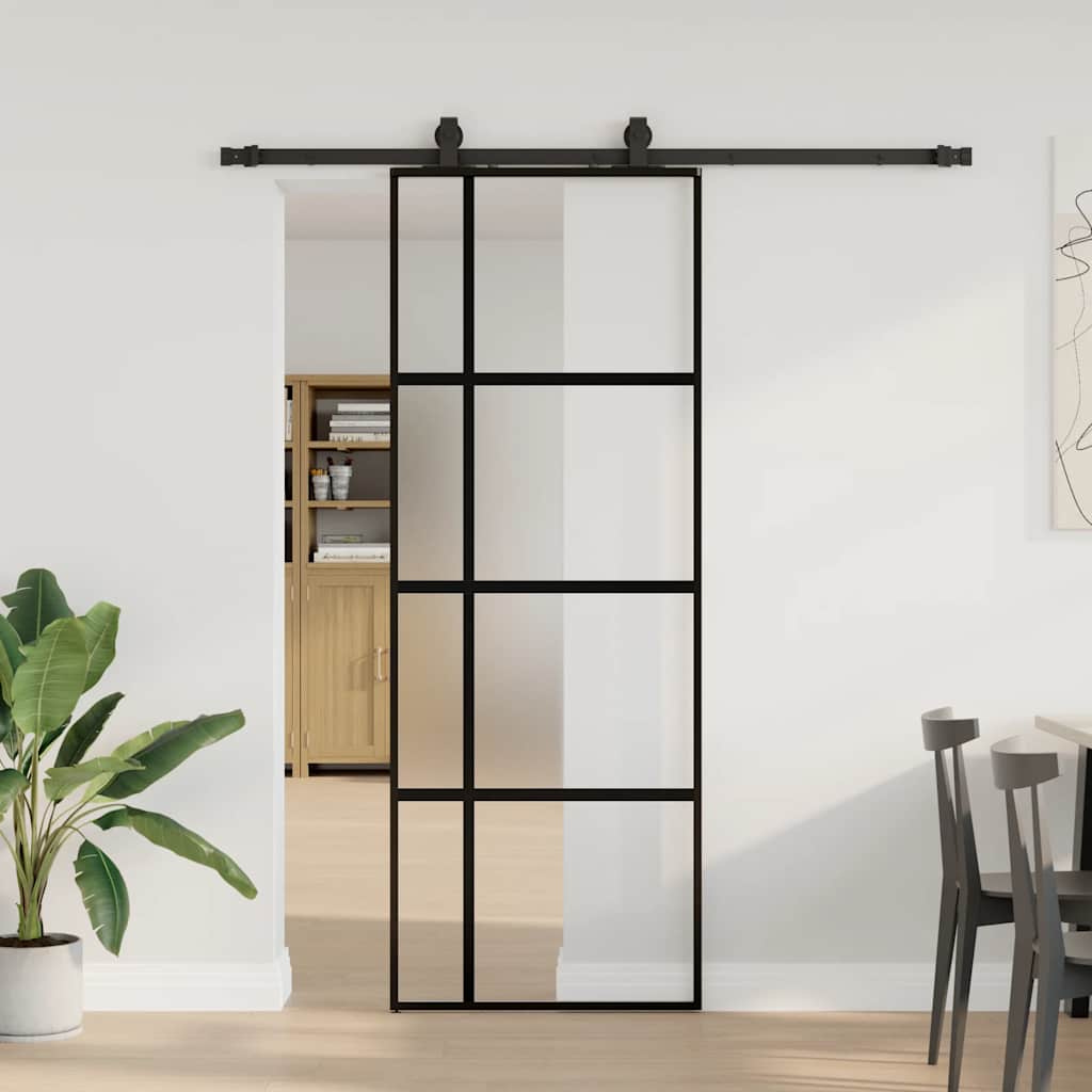 vidaXL Drzwi przesuwne z zestawem okuć czarne 76x205cm szkło hartowane