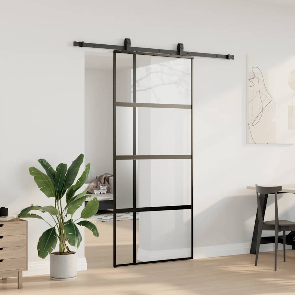 vidaXL Drzwi przesuwne z zestawem okuć czarne 90x205cm szkło hartowane