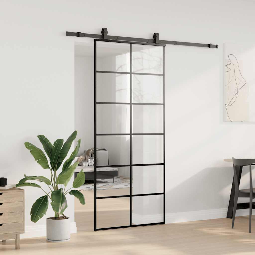 vidaXL Drzwi przesuwne z zestawem okuć czarne 90x205 cm ESG szkło