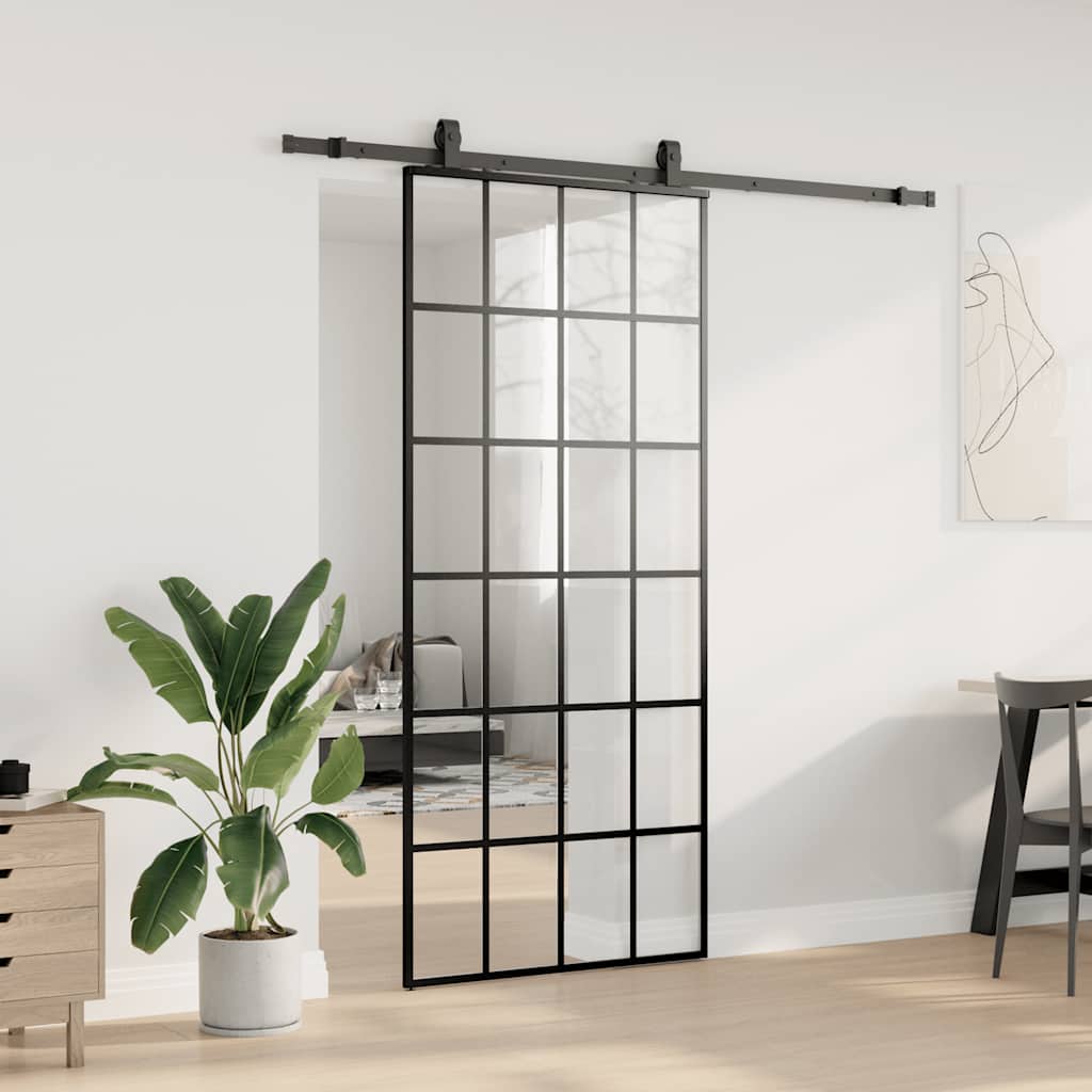 vidaXL Drzwi przesuwne z zestawem okuć czarne 90x205 cm ESG szkło