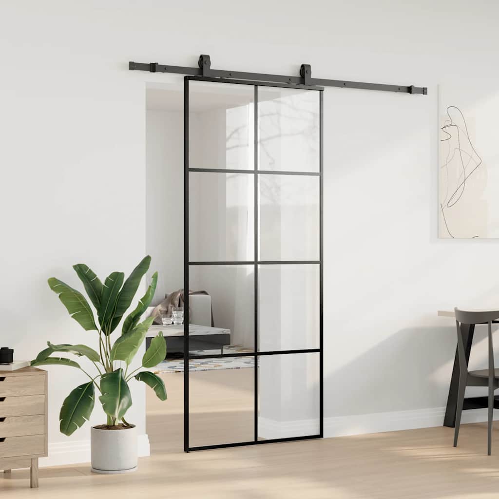 vidaXL Drzwi przesuwne z zestawem okuć czarne 90x205 cm ESG szkło