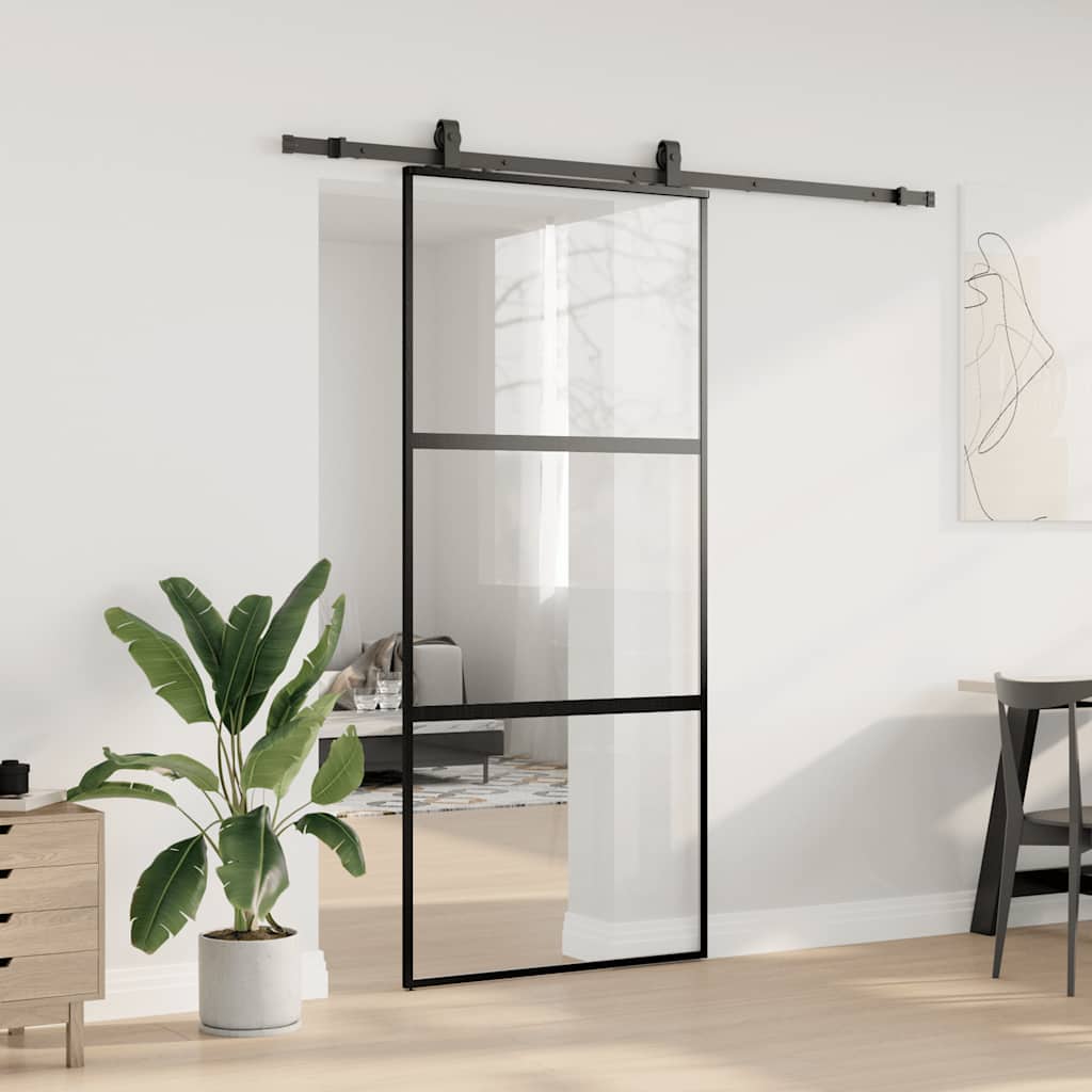 vidaXL Drzwi przesuwne z zestawem okuć czarne 90x205cm szkło hartowane
