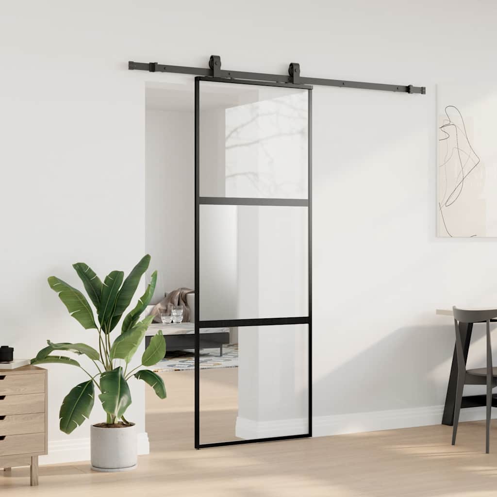 vidaXL Drzwi przesuwne z zestawem okuć czarne 76x205cm szkło hartowane