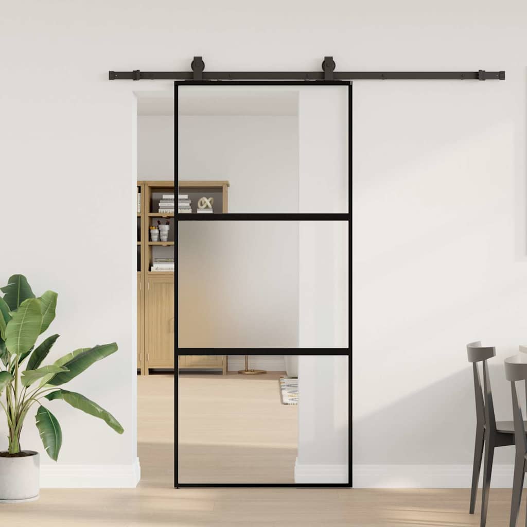 vidaXL Drzwi przesuwne z zestawem okuć czarne 90x205cm szkło hartowane