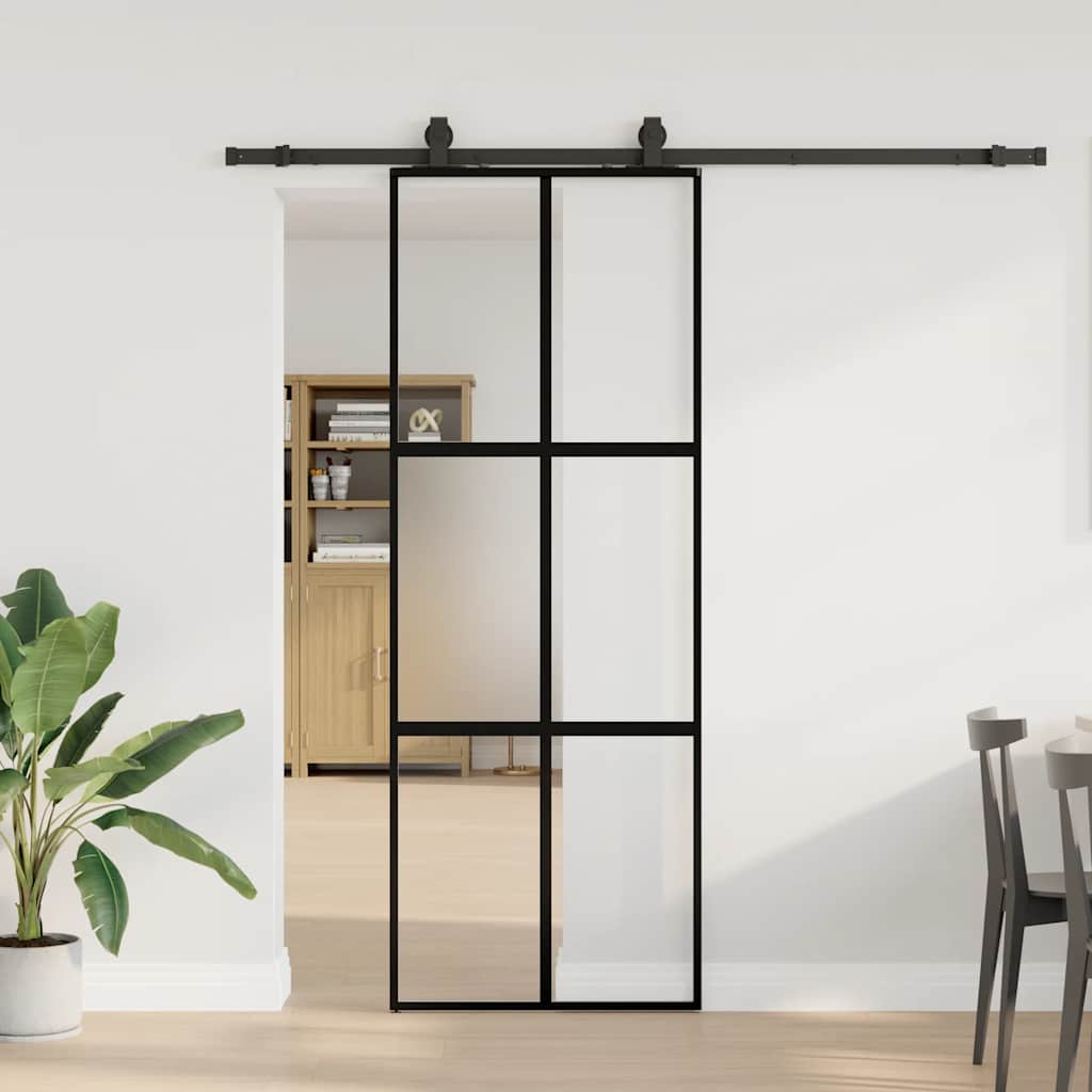 vidaXL Drzwi przesuwne z zestawem okuć czarne 76x205cm szkło hartowane