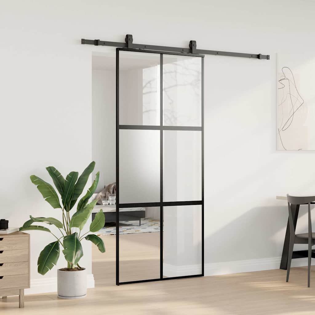 vidaXL Drzwi przesuwne z zestawem okuć czarne 90x205cm szkło hartowane
