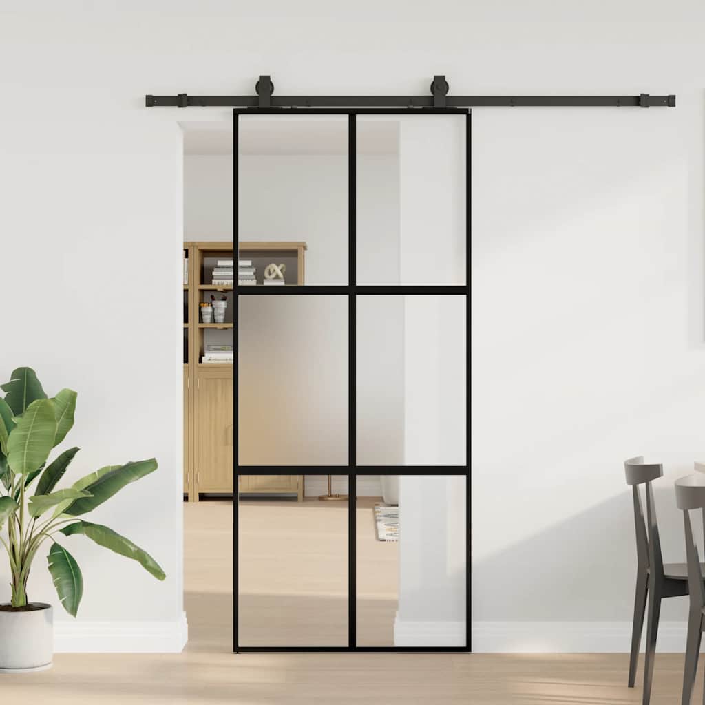 vidaXL Drzwi przesuwne z zestawem okuć czarne 90x205cm szkło hartowane