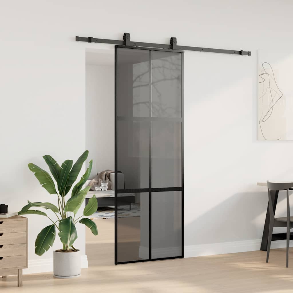 vidaXL Drzwi przesuwne z zestawem okuć czarne 76x205cm szkło hartowane