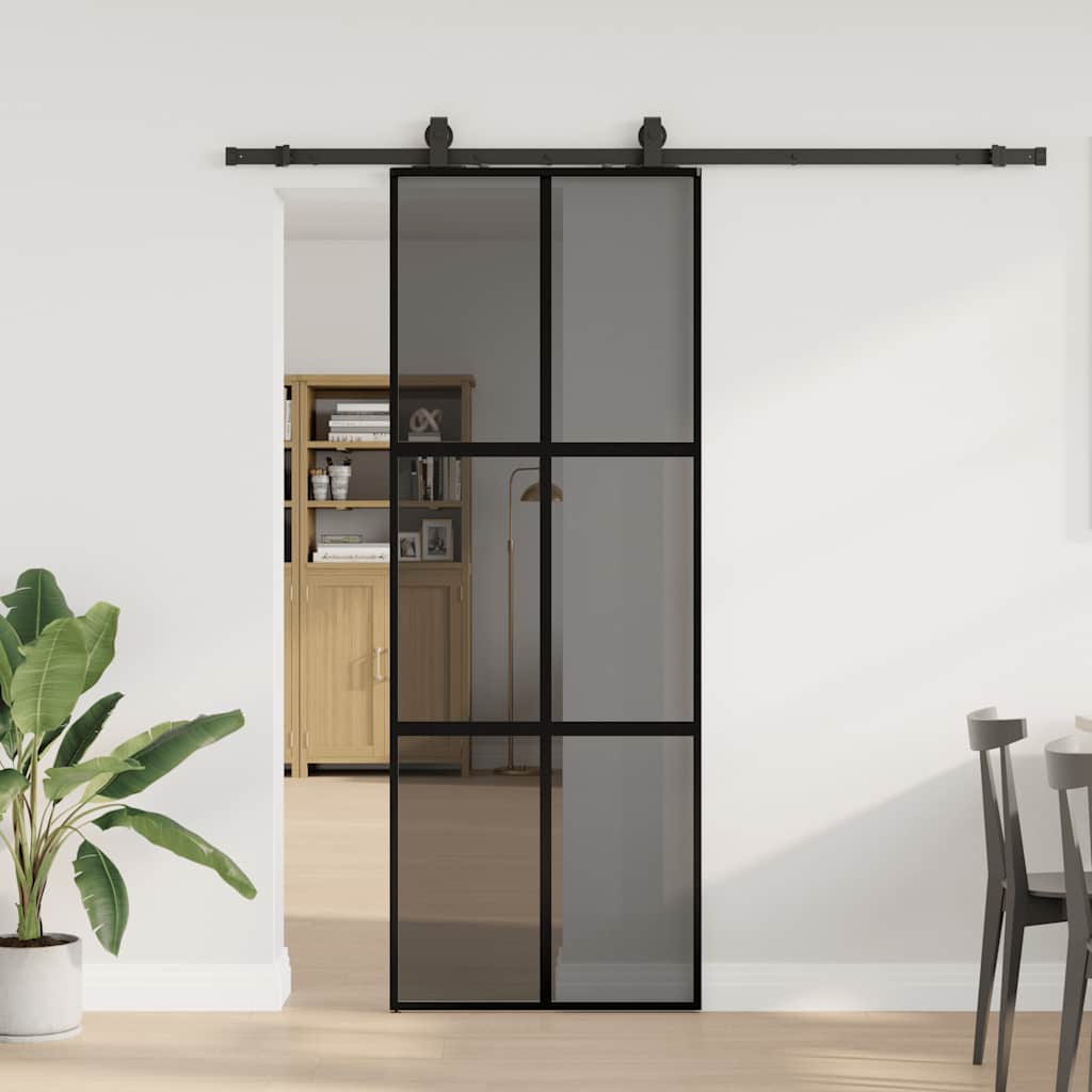 vidaXL Drzwi przesuwne z zestawem okuć czarne 76x205cm szkło hartowane