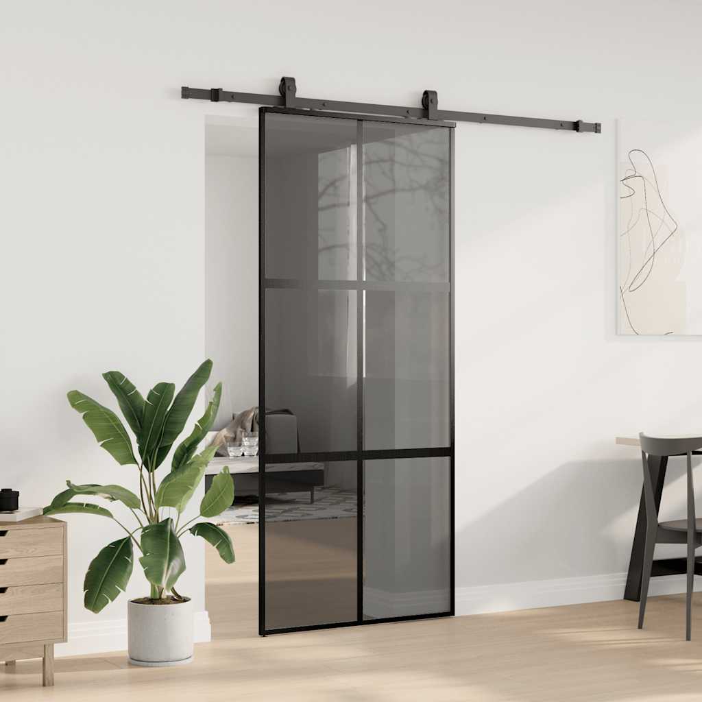 vidaXL Drzwi przesuwne z zestawem okuć czarne 90x205cm szkło hartowane