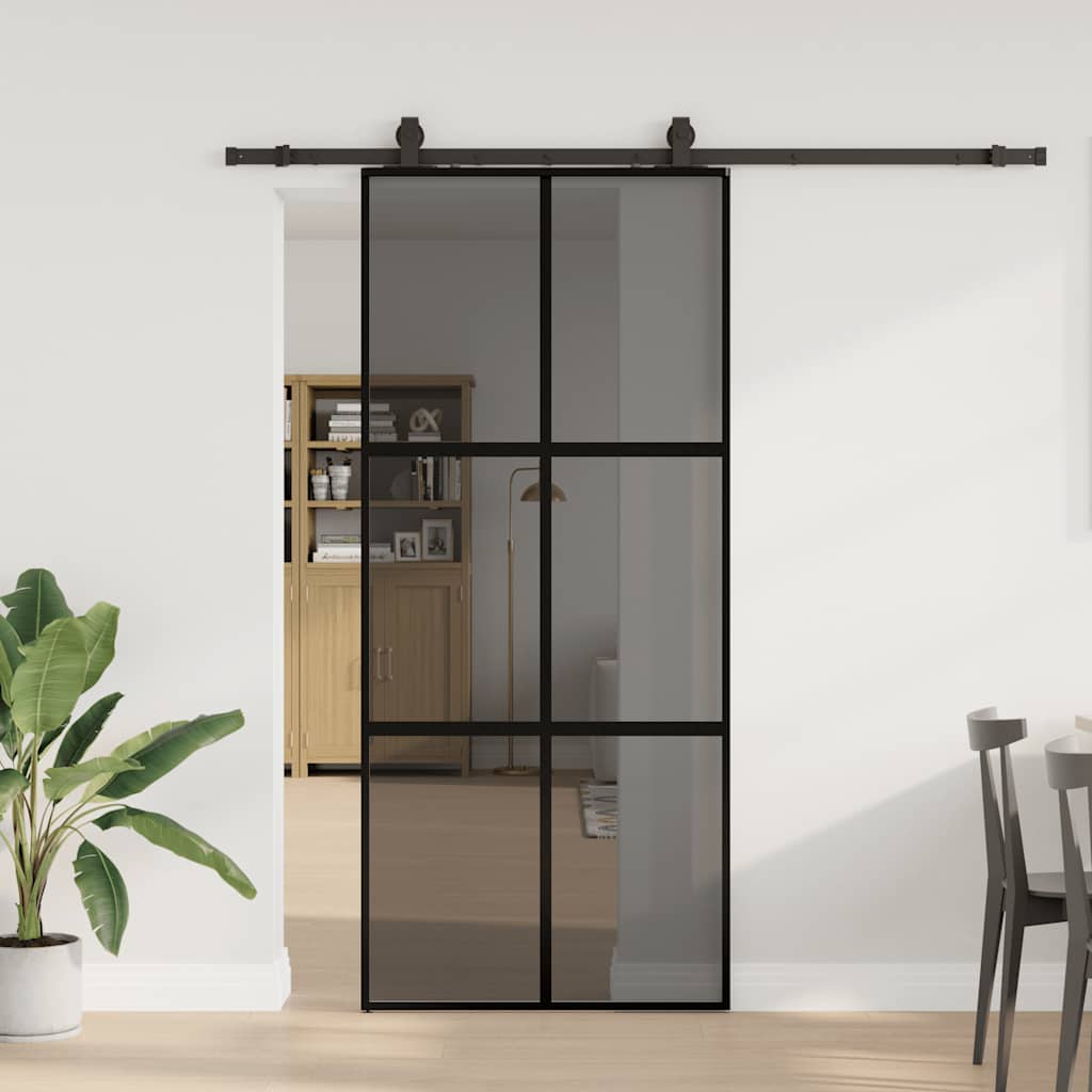 vidaXL Drzwi przesuwne z zestawem okuć czarne 90x205cm szkło hartowane