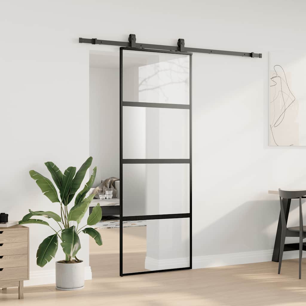 vidaXL Drzwi przesuwne z zestawem okuć czarne 76x205cm szkło hartowane
