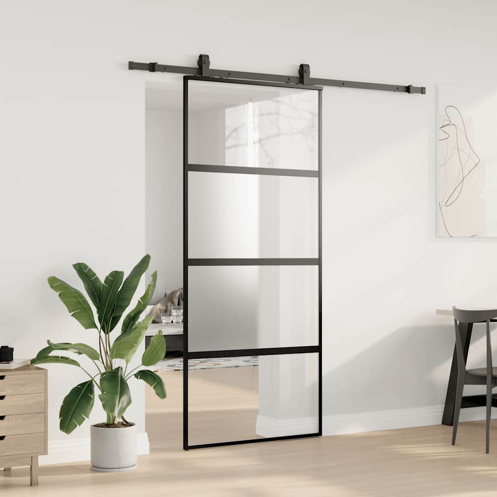 vidaXL Drzwi przesuwne z zestawem okuć czarne 90x205cm szkło hartowane