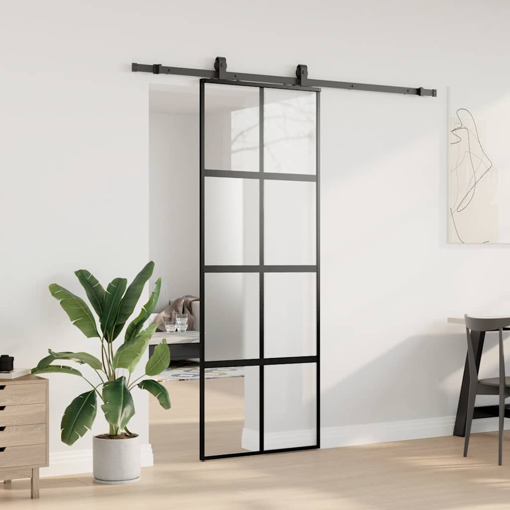 vidaXL Drzwi przesuwne z zestawem okuć czarne 76x205cm szkło hartowane