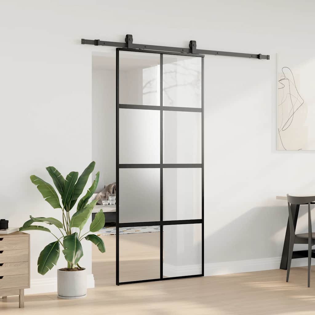 vidaXL Drzwi przesuwne z zestawem okuć czarne 90x205cm szkło hartowane
