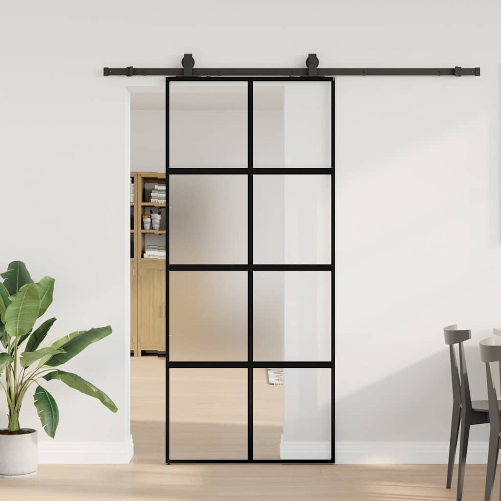 vidaXL Drzwi przesuwne z zestawem okuć czarne 90x205cm szkło hartowane