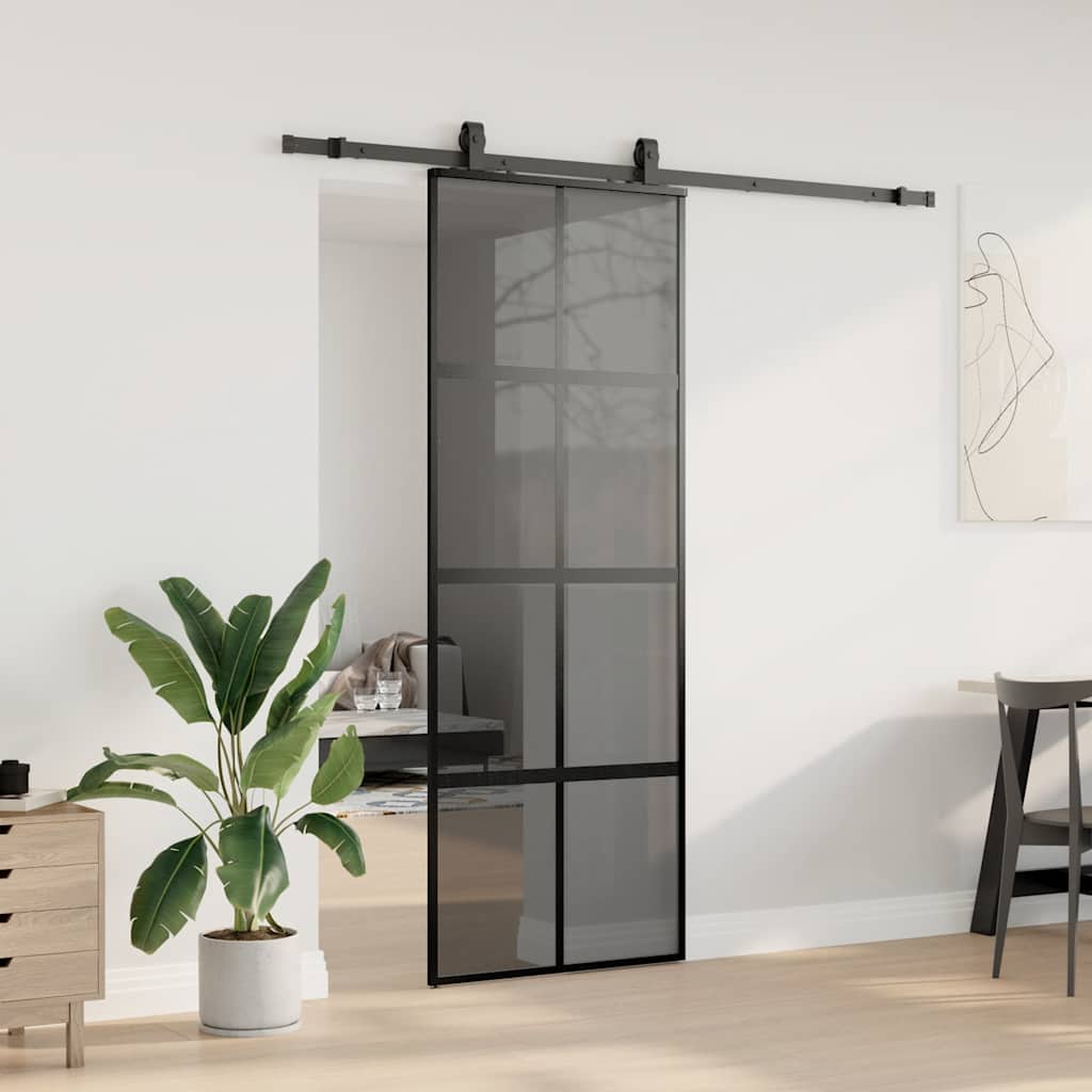 vidaXL Drzwi przesuwne z zestawem okuć czarne 76x205cm szkło hartowane
