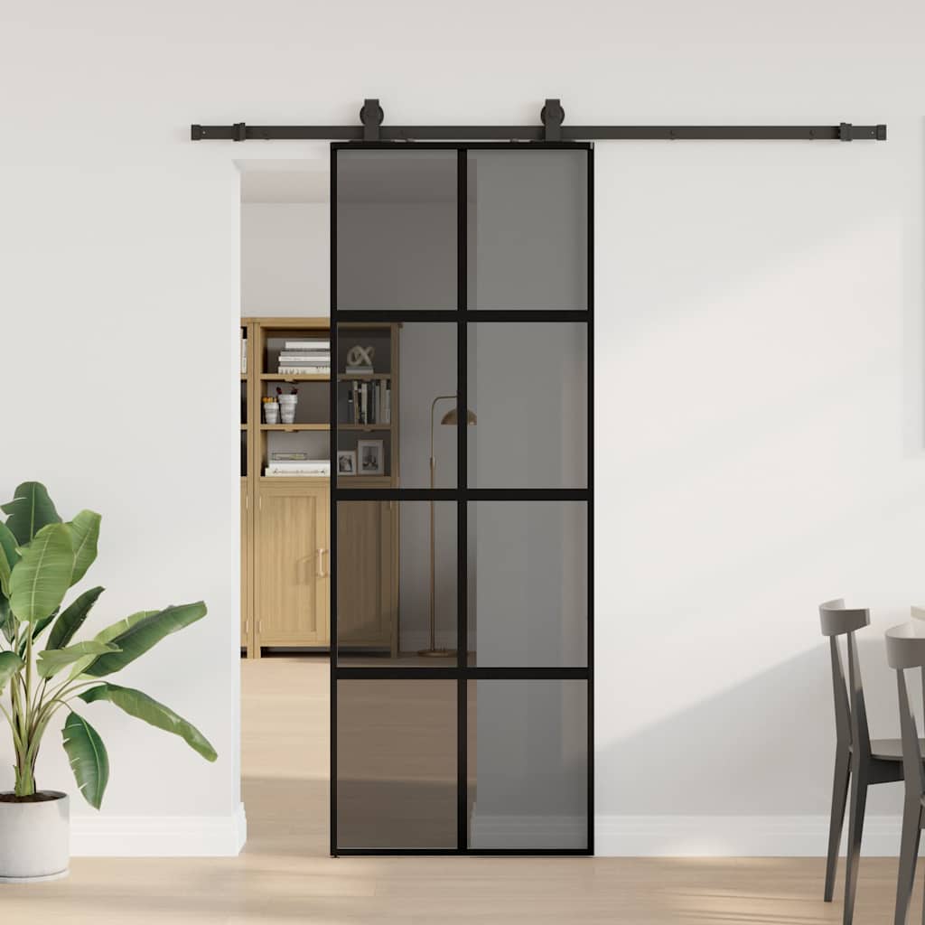 vidaXL Drzwi przesuwne z zestawem okuć czarne 76x205cm szkło hartowane