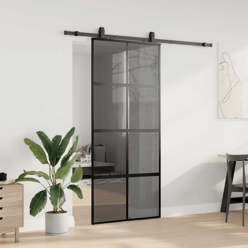vidaXL Drzwi przesuwne z zestawem okuć czarne 90x205cm szkło hartowane
