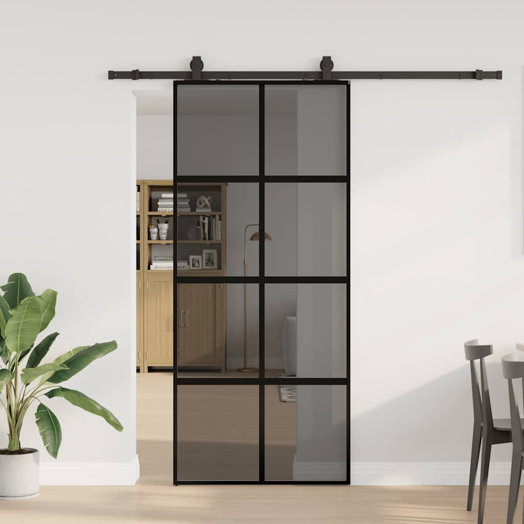 vidaXL Drzwi przesuwne z zestawem okuć czarne 90x205cm szkło hartowane