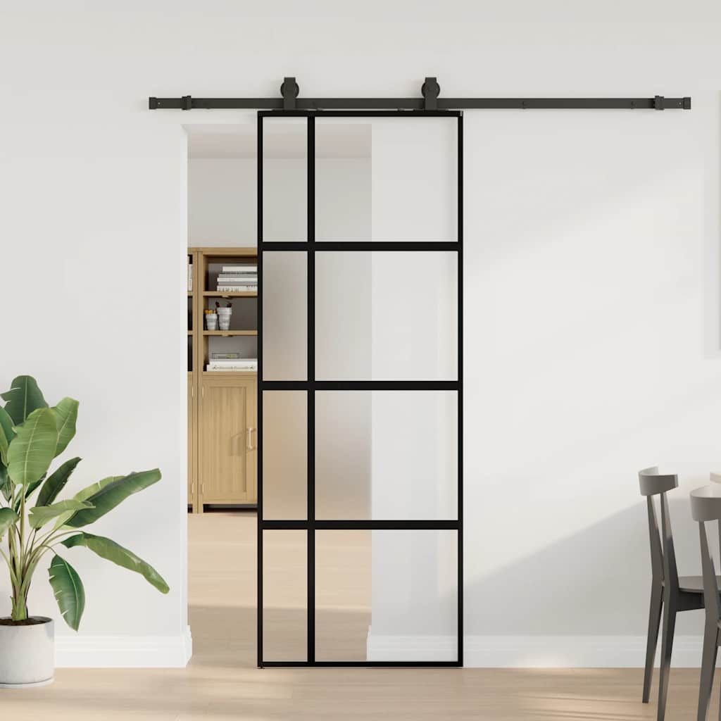 vidaXL Drzwi przesuwne z zestawem okuć czarne 76x205cm szkło hartowane
