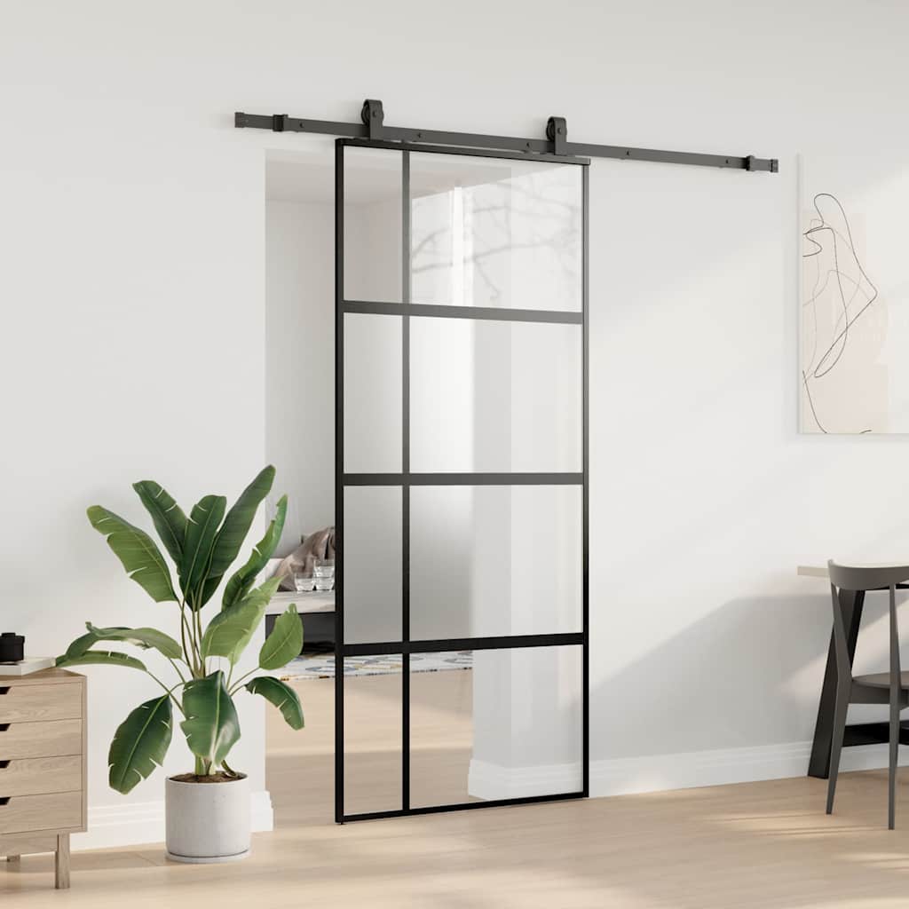 vidaXL Drzwi przesuwne z zestawem okuć czarne 90x205cm szkło hartowane
