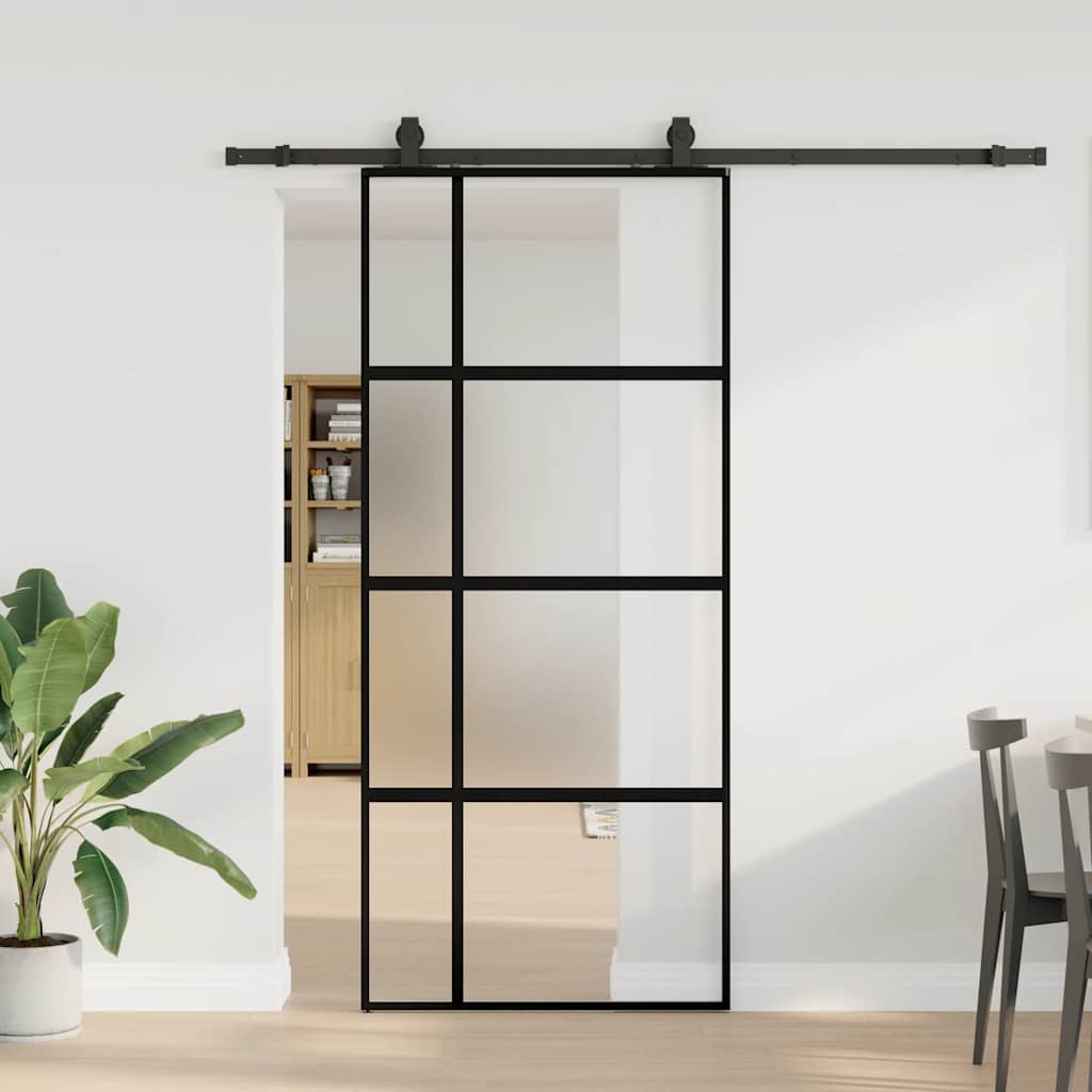 vidaXL Drzwi przesuwne z zestawem okuć czarne 90x205cm szkło hartowane