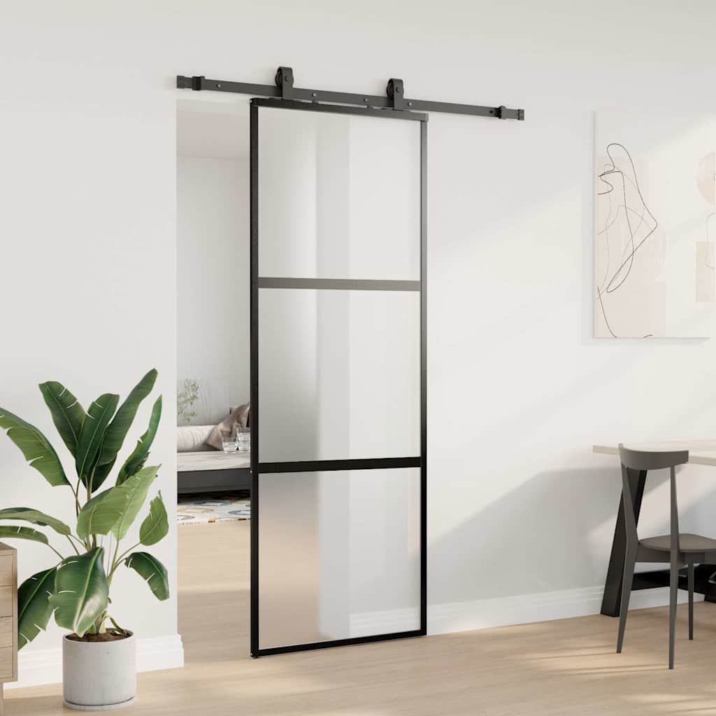 vidaXL Drzwi przesuwne z zestawem okuć czarne 76x205cm szkło hartowane