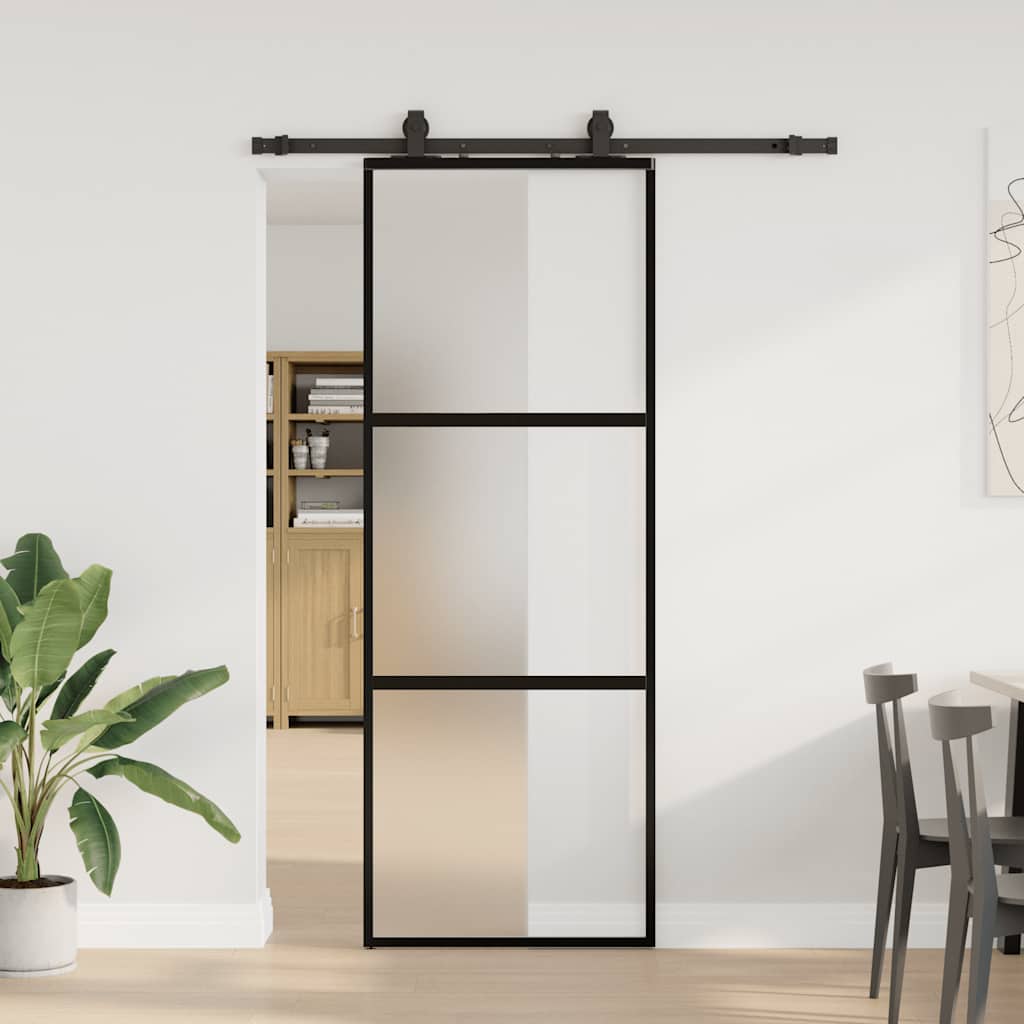 vidaXL Drzwi przesuwne z zestawem okuć czarne 76x205cm szkło hartowane