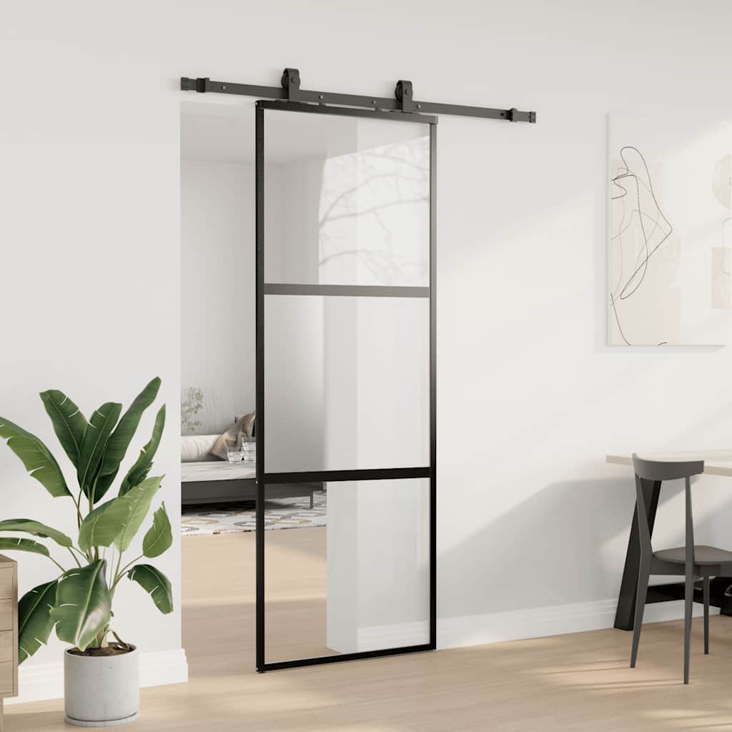 vidaXL Drzwi przesuwne z zestawem okuć czarne 76x205cm szkło hartowane