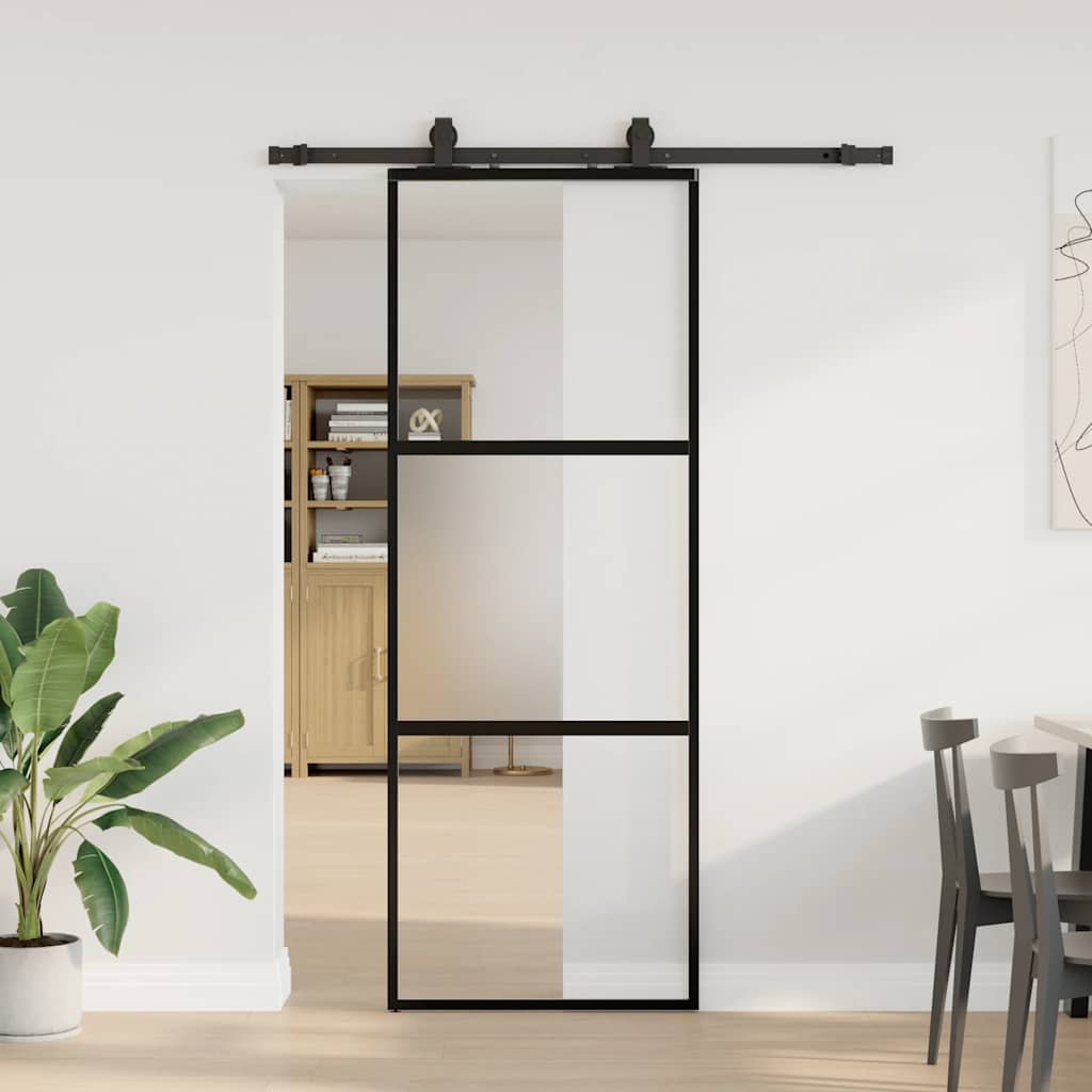 vidaXL Drzwi przesuwne z zestawem okuć czarne 76x205cm szkło hartowane