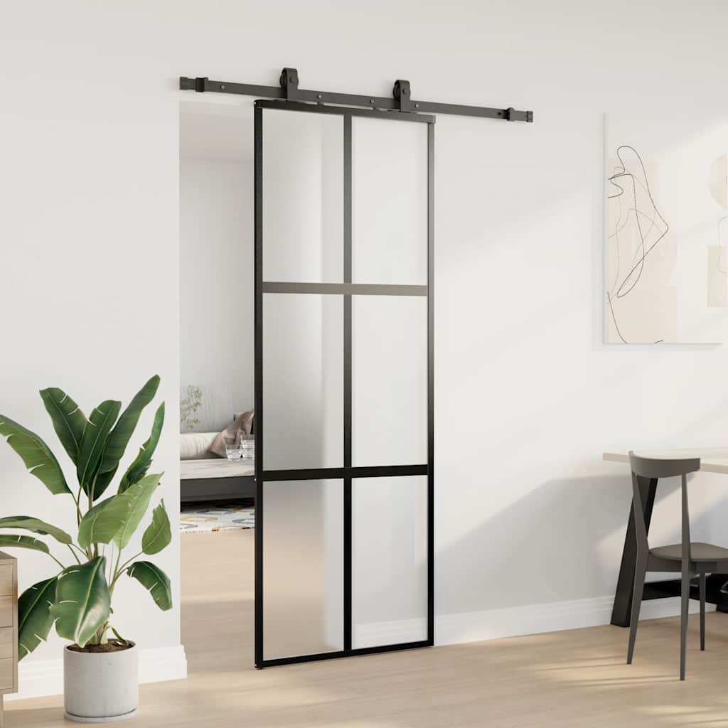 vidaXL Drzwi przesuwne z zestawem okuć czarne 76x205cm szkło hartowane