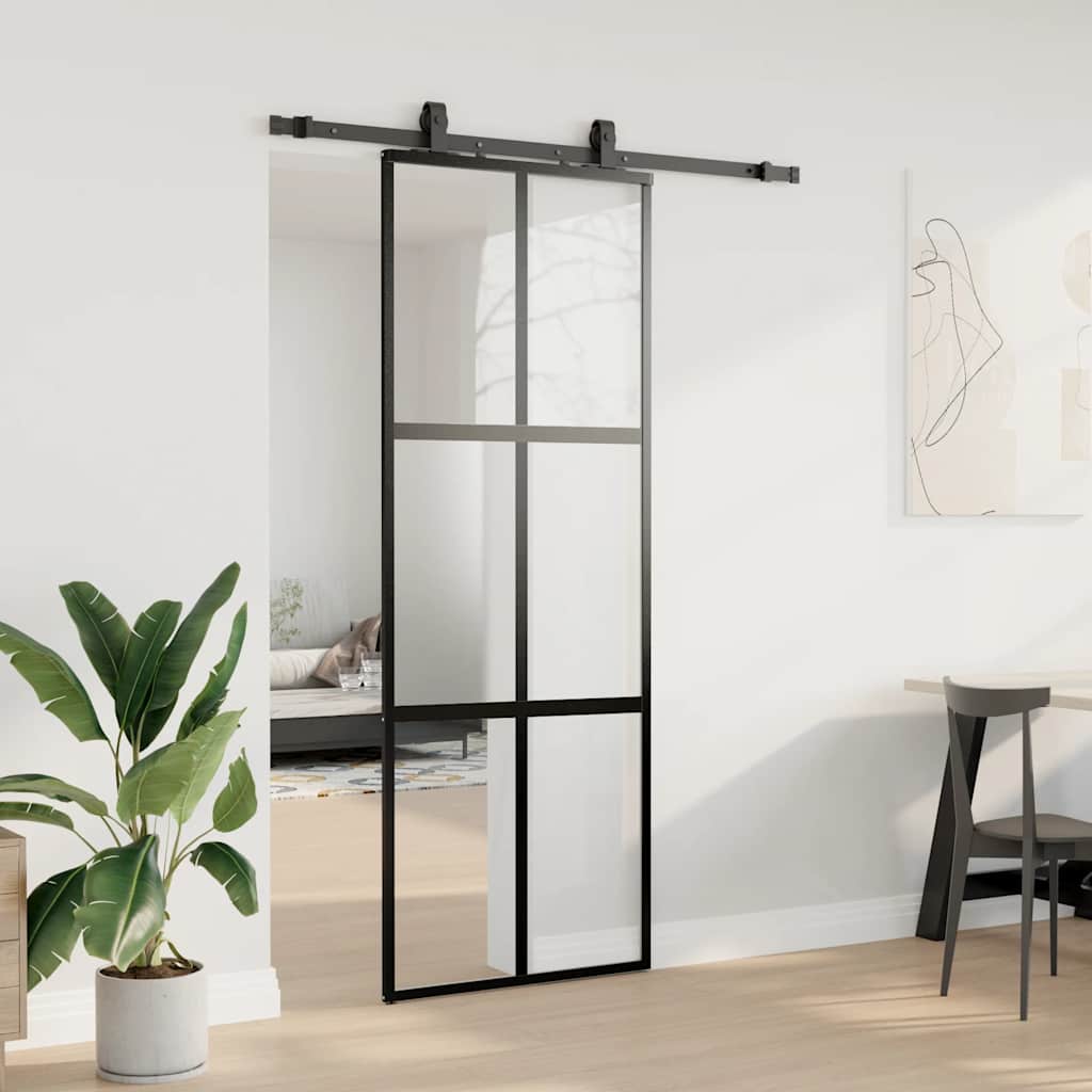 vidaXL Drzwi przesuwne z zestawem okuć czarne 76x205cm szkło hartowane