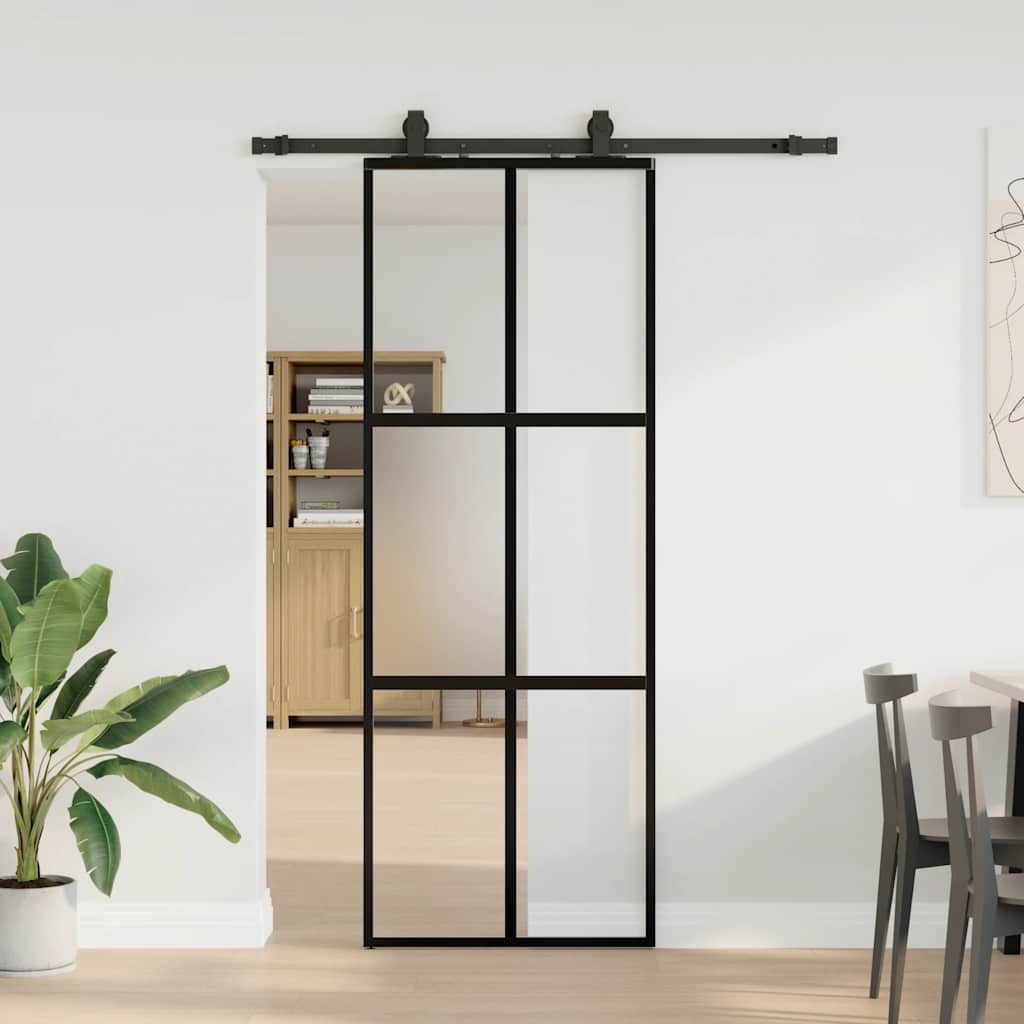 vidaXL Drzwi przesuwne z zestawem okuć czarne 76x205cm szkło hartowane