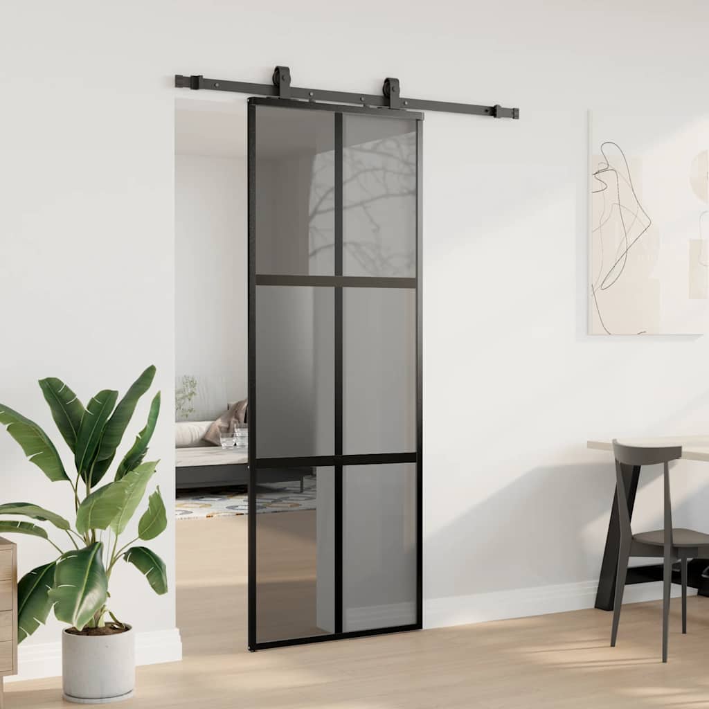 vidaXL Drzwi przesuwne z zestawem okuć czarne 76x205cm szkło hartowane