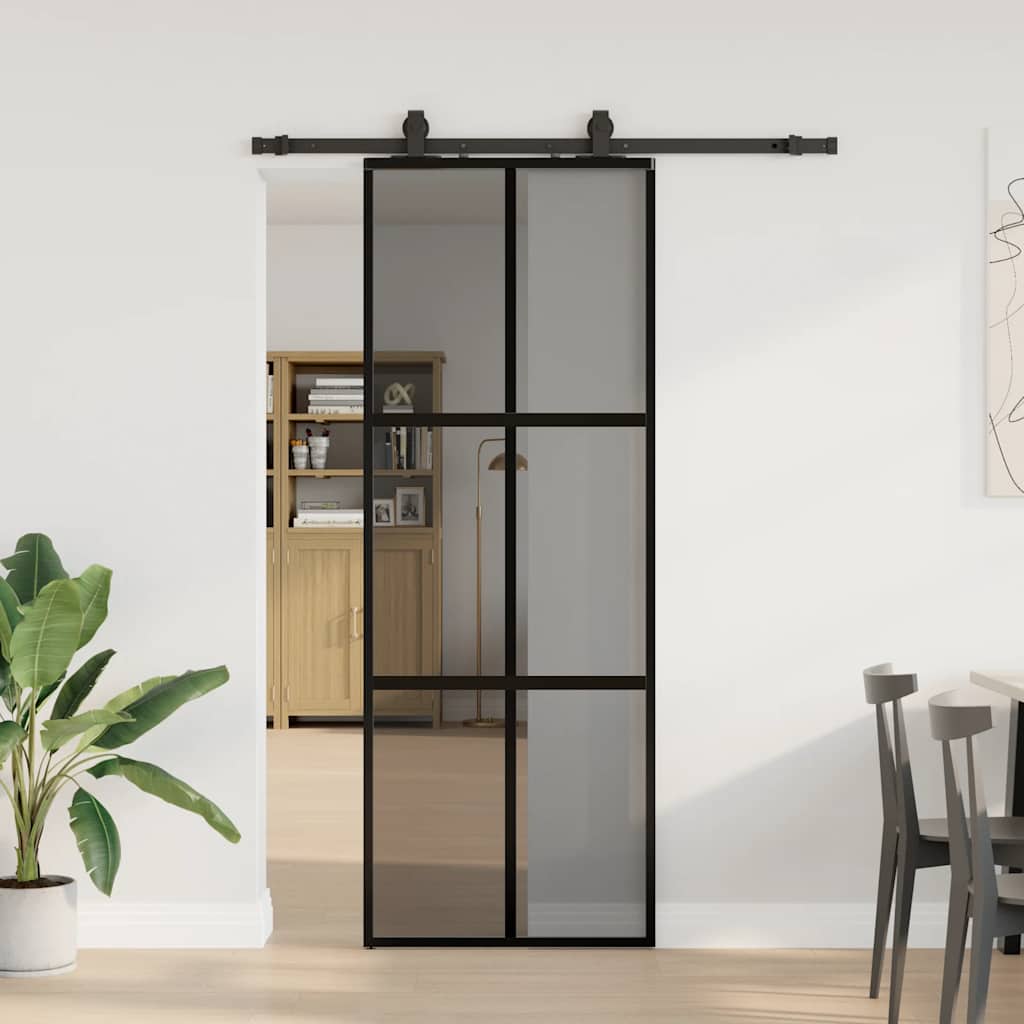 vidaXL Drzwi przesuwne z zestawem okuć czarne 76x205cm szkło hartowane