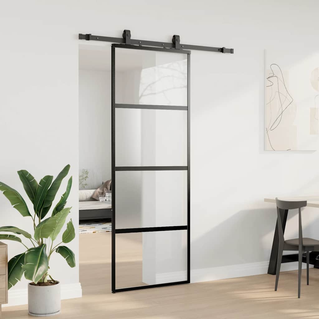 vidaXL Drzwi przesuwne z zestawem okuć czarne 76x205cm szkło hartowane