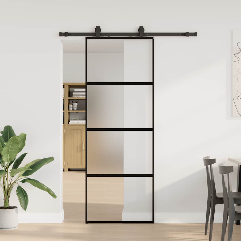 vidaXL Drzwi przesuwne z zestawem okuć czarne 76x205cm szkło hartowane