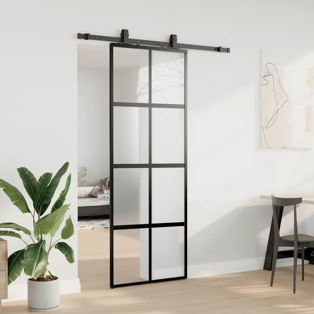 vidaXL Drzwi przesuwne z zestawem okuć czarne 76x205cm szkło hartowane
