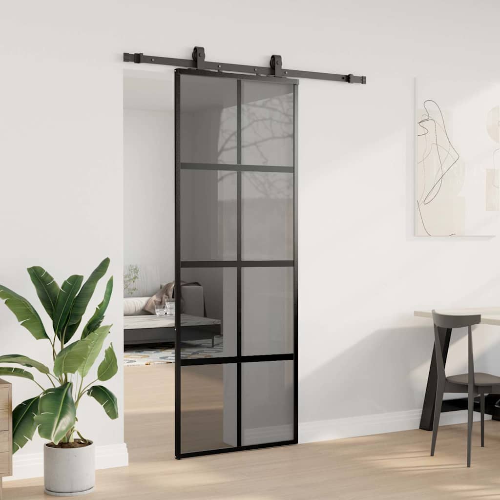 vidaXL Drzwi przesuwne z zestawem okuć czarne 76x205cm szkło hartowane