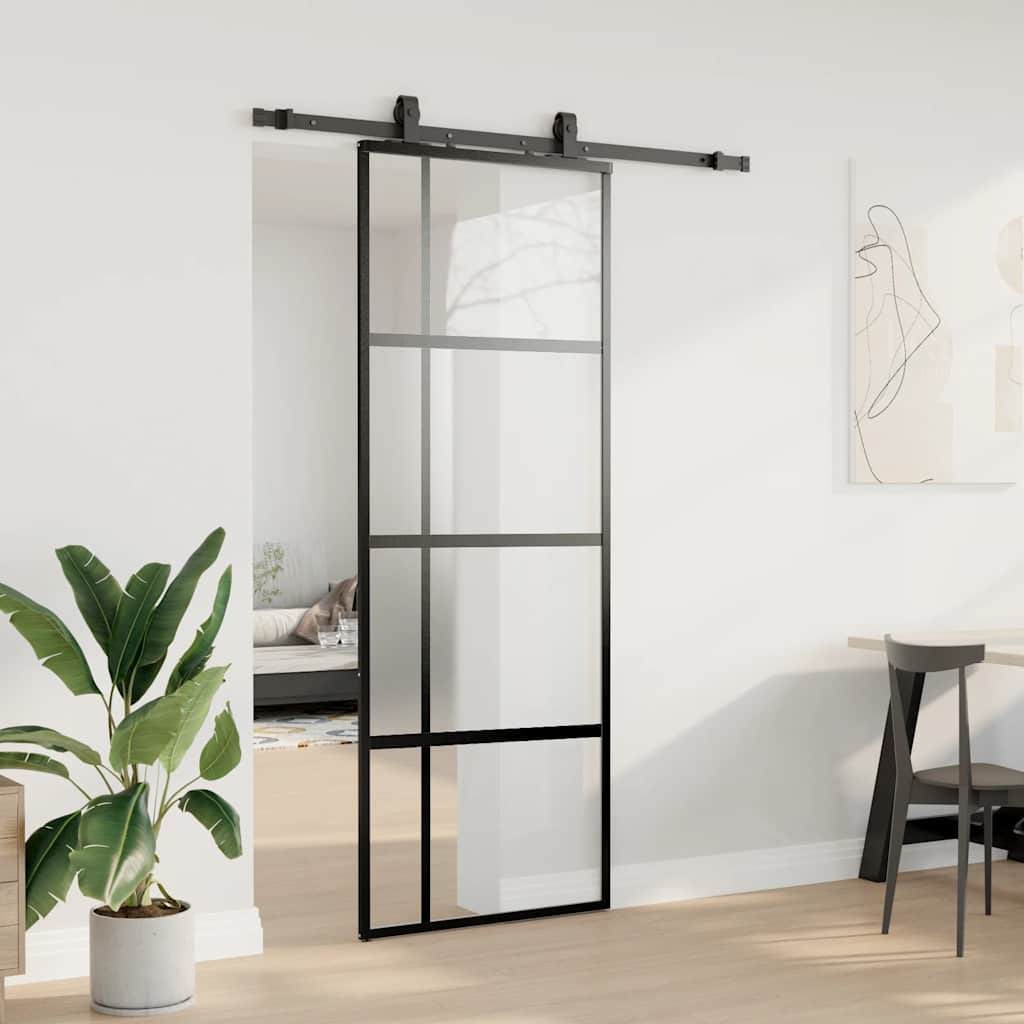 vidaXL Drzwi przesuwne z zestawem okuć czarne 76x205cm szkło hartowane