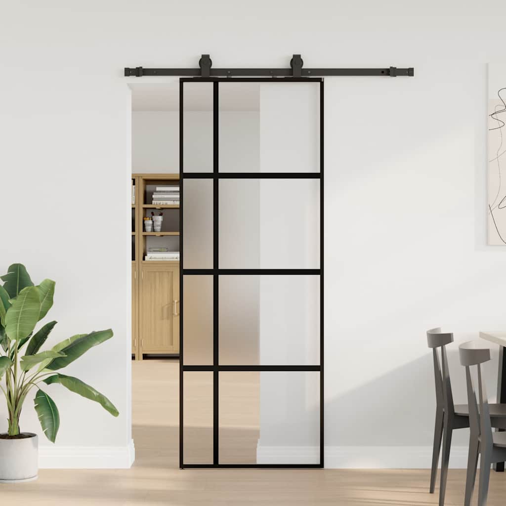 vidaXL Drzwi przesuwne z zestawem okuć czarne 76x205cm szkło hartowane