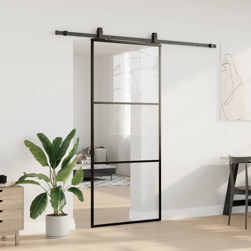 vidaXL Drzwi przesuwne z zestawem okuć czarne 90x205 cm ESG szkło