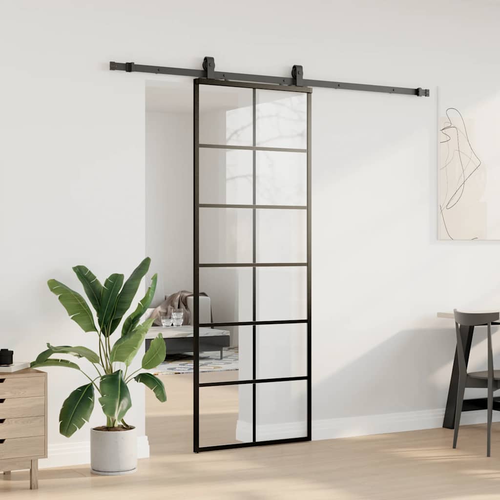 vidaXL Drzwi przesuwne z zestawem okuć czarne 76x205 cm ESG szkło
