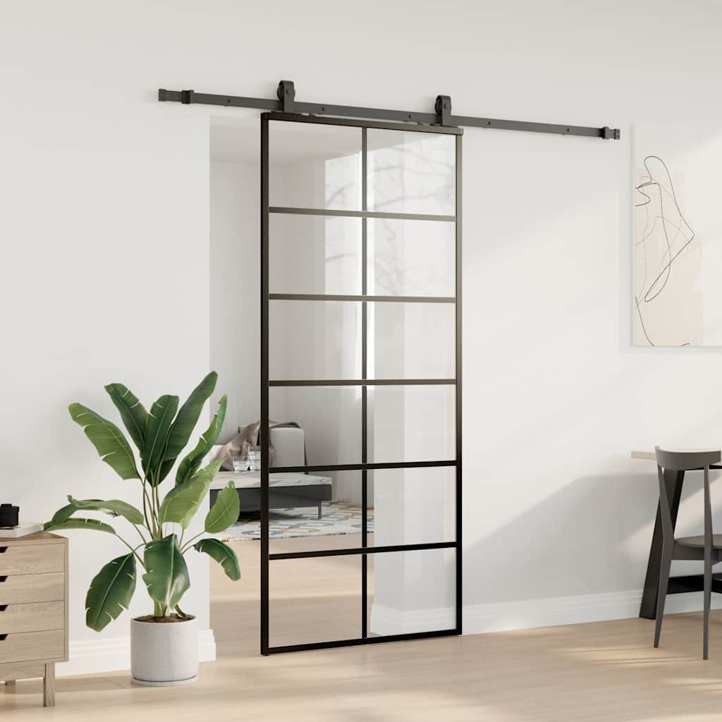 vidaXL Drzwi przesuwne z zestawem okuć czarne 90x205 cm ESG szkło