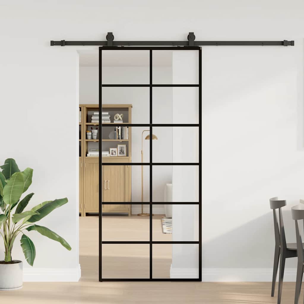 vidaXL Drzwi przesuwne z zestawem okuć czarne 90x205 cm ESG szkło