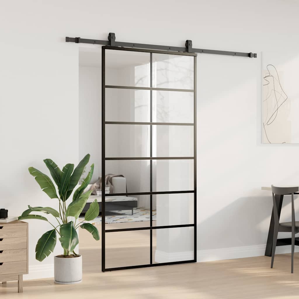 vidaXL Drzwi przesuwne z zestawem okuć czarne 102x205 cm ESG szkło